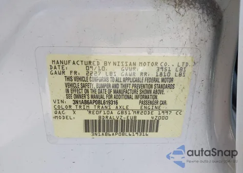 2011 Nissan Sentra 2.0Sl z USA, uszkodzony, nr VIN 3N1AB6AP0BL619316